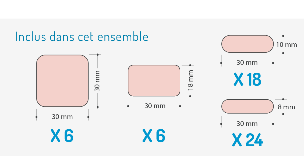 Description du lot Mix 4 de 54 Étiquettes Thermocollantes enfants en 4 formats L1, M, S et XS